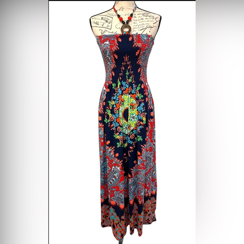 Magic Red and Blue Strapless Sundress Maxi Size Medium